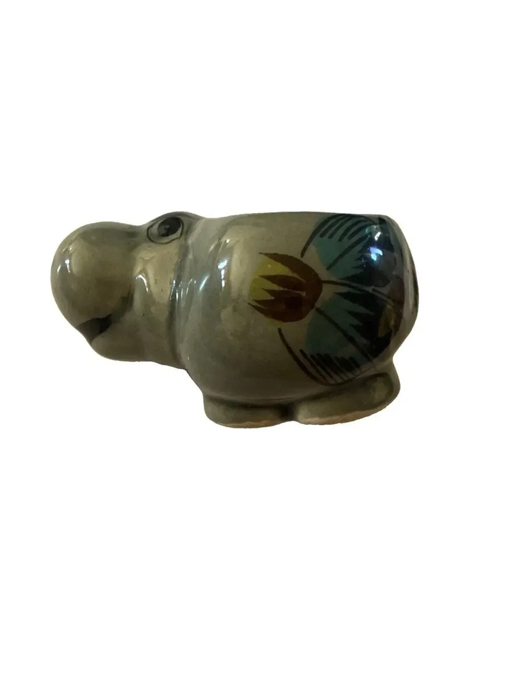 Vintage RS Mexico Ceramic Hippo Planter Figurine Hand Painted Folk Art